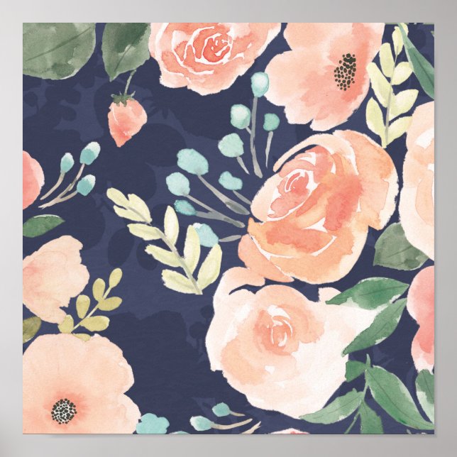 Blooming Delight | Peach & Blue Roses & Poppies Poster (Front)