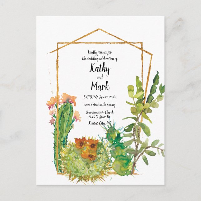 Blooming Desert Cactus Geometric Wedding Postcard (Front)