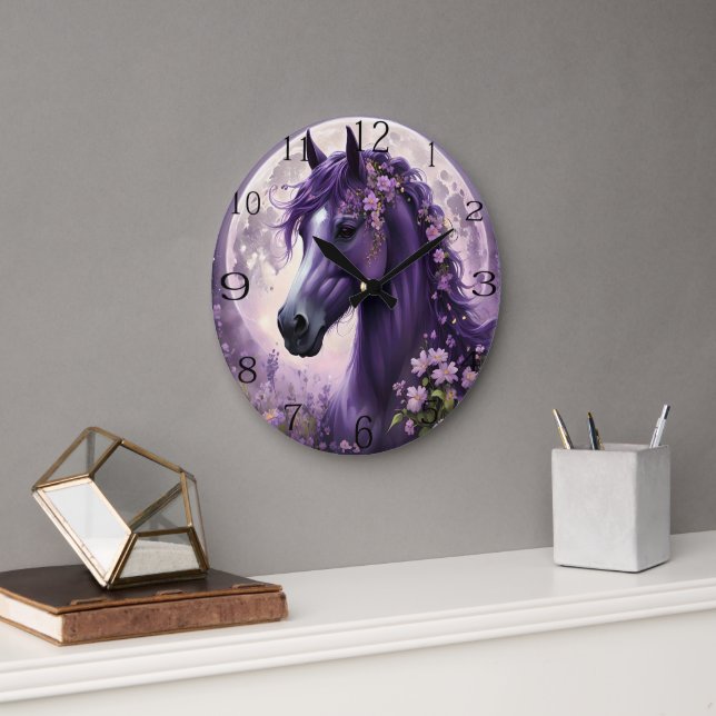 "Blooming Dreams: The Purple Floral Fantasy Horse" Large Clock (Office)