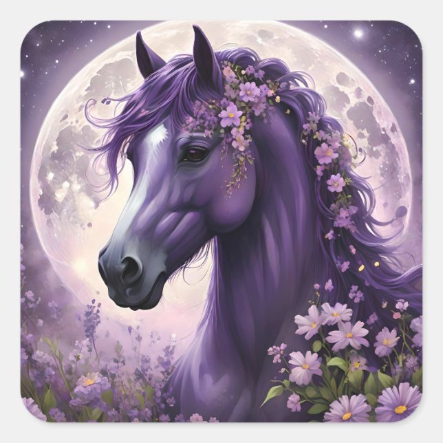 "Blooming Dreams: The Purple Floral Fantasy Horse" Square Sticker (Front)