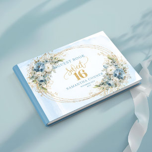 Blooming Dusty Blue Gold Eucalyptus Sweet Sixteen  Guest Book