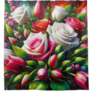 “Blooming Elegance: Dew-Kissed Roses & Tulips" Shower Curtain