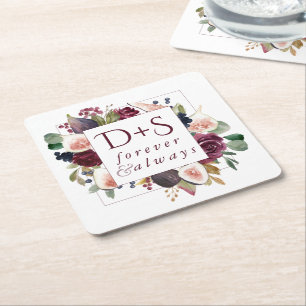 Blooming Figs   Moody Rustic Monogram Wreath Square Paper Coaster