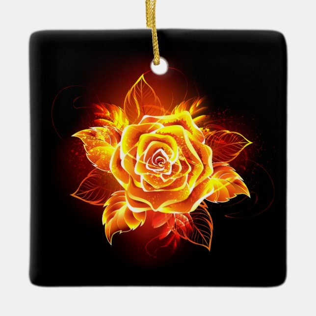 Blooming Fire Rose Ceramic Ornament (Front)