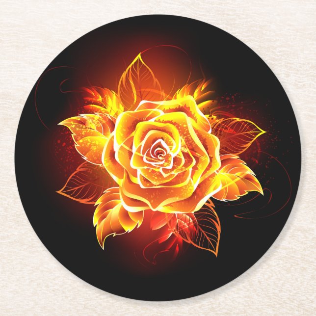 Blooming Fire Rose Round Paper Coaster (Front)