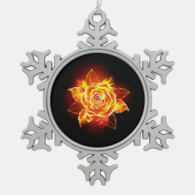 Blooming Fire Rose Snowflake Pewter Christmas Ornament (Front)