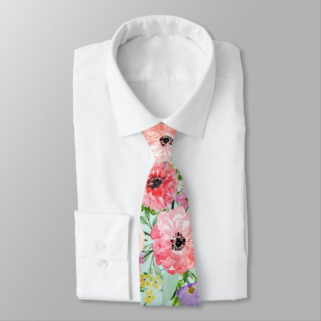Blooming floral bouquet watercolor hand paint tie (Tied)