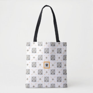 Blooming Floral Hand-Drawn Doodle with Monogram Tote Bag