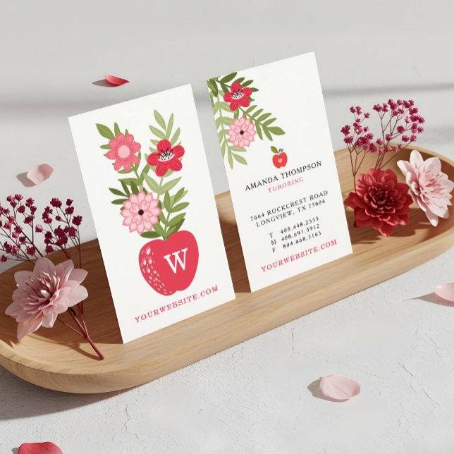 Blooming Floral Red Apple Learning Tutoring Business Card (Blooming Floral Red Apple Learning Tutoring Business Card)