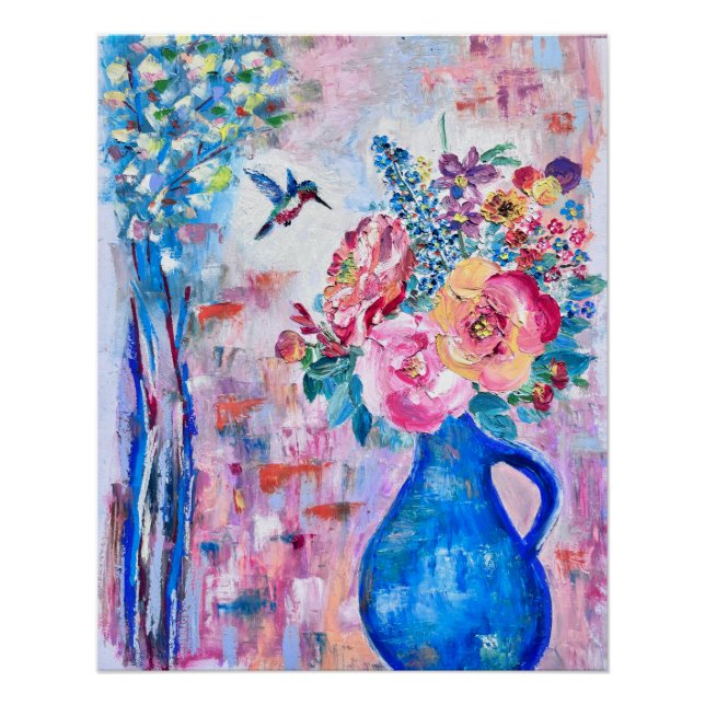 Blooming Flowers & Hummingbird Oil Pastel Artwork Poster (Front)