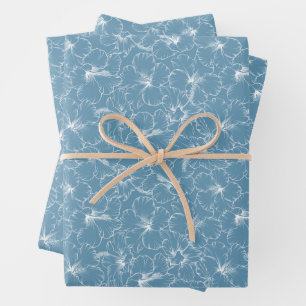 Blooming Flowers on Blue Wrapping Paper Sheet
