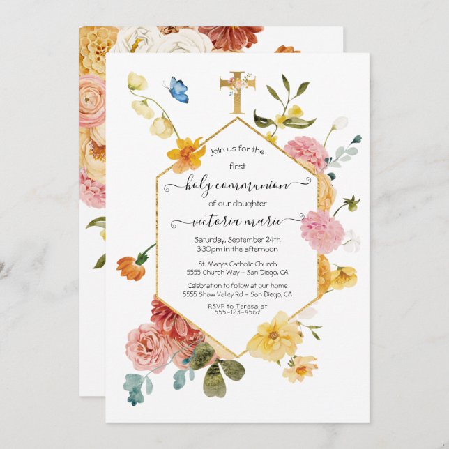 Blooming Garden Floral Light & Airy 1st Communion Invitation (Front/Back)