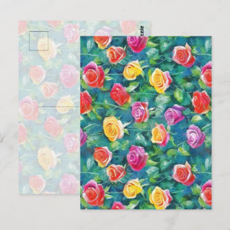 Blooming garden rose bush watercolor pattern postcard
