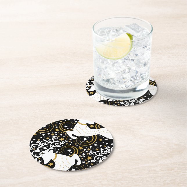 Blooming Golden Christmas Floral Deer Round Paper Coaster (Insitu)