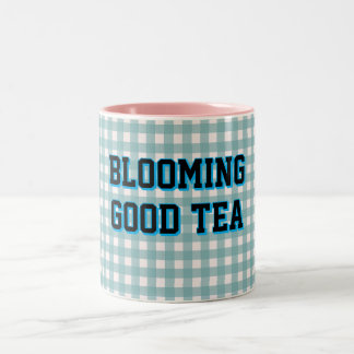 BLOOMING GOOD TEA Blue Gingham background Two-Tone Coffee Mug