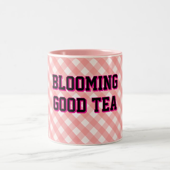 BLOOMING GOOD TEA Pink Gingham background Two-Tone Coffee Mug (Center)