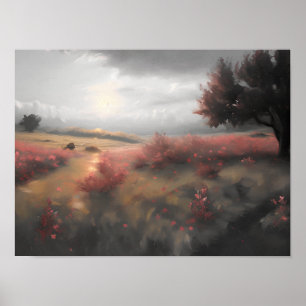 Blooming heather landscape - vintage art  poster