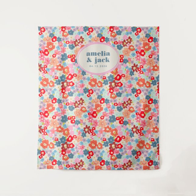 Blooming Joy Bright Bold Floral Wedding Backdrop Tapestry (Front)