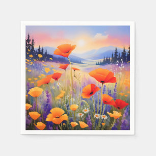 Blooming Landscape Wildflowers in Watercolor Napkin