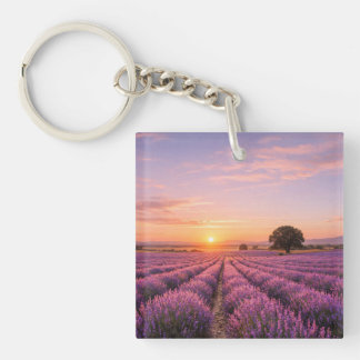 Blooming Lavender Field at Golden Sunset Provence Key Ring