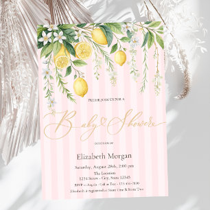  Blooming Lemons Pink Striped Baby Shower Invitation