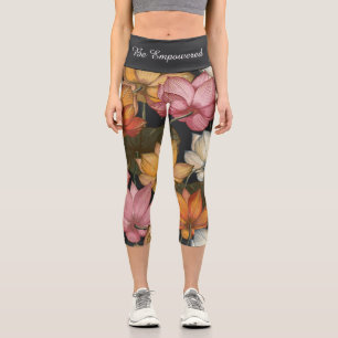 Blooming Lotus Water Lilies on Charcoal Black Capr Capri Leggings