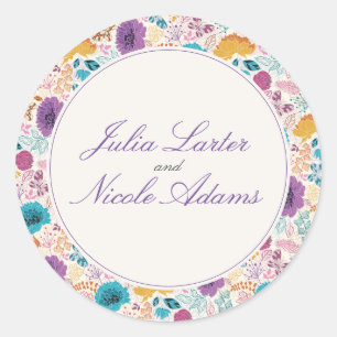 Blooming Love Floral Romantic Pink Purple Wedding Classic Round Sticker