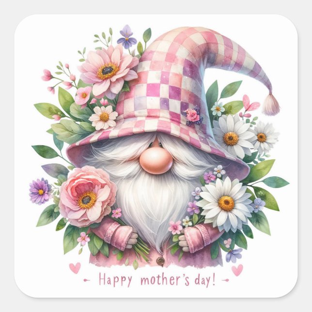 Blooming Love: Mother's Day Gnome Square Sticker (Front)
