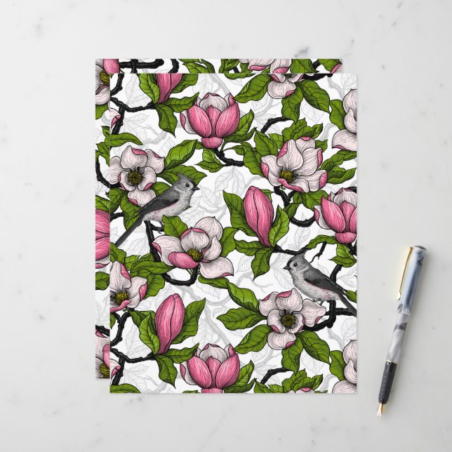 Blooming magnolia and titmouse bird (Front/Back In Situ)