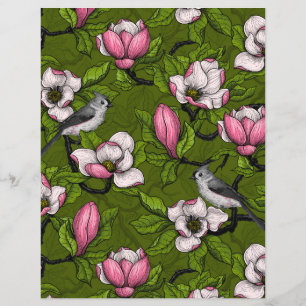Blooming magnolia and titmouse bird 2