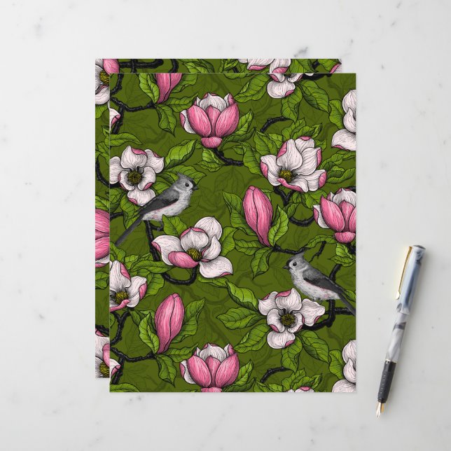 Blooming magnolia and titmouse bird 2 (Front/Back In Situ)