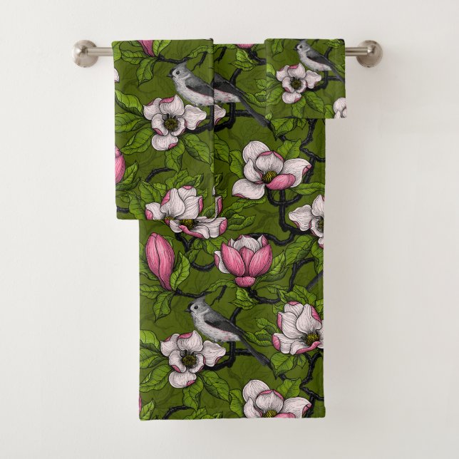 Blooming magnolia and titmouse bird 2 bath towel set (Insitu)