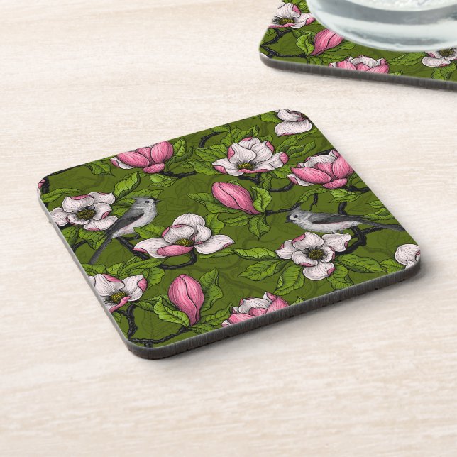 Blooming magnolia and titmouse bird 2 coaster (Left Side)