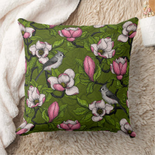 Blooming magnolia and titmouse bird 2 cushion
