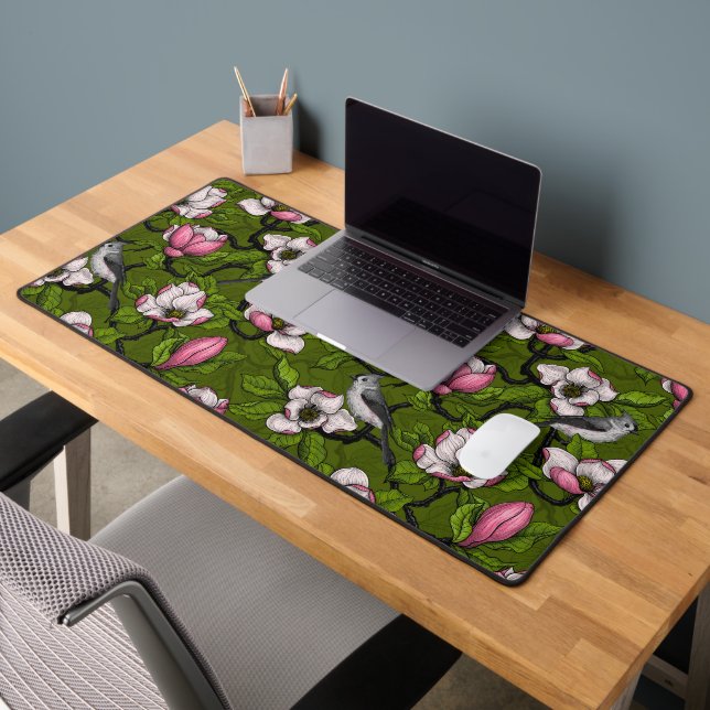 Blooming magnolia and titmouse bird 2 desk mat (Office 2)