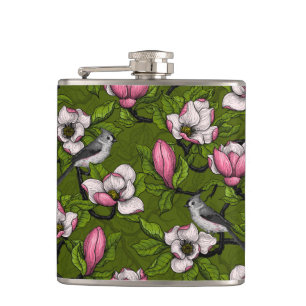 Blooming magnolia and titmouse bird 2 hip flask
