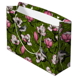 Blooming magnolia and titmouse bird 2 large gift bag