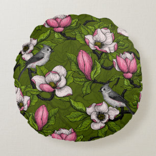 Blooming magnolia and titmouse bird 2 round cushion