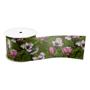Blooming magnolia and titmouse bird 2 satin ribbon