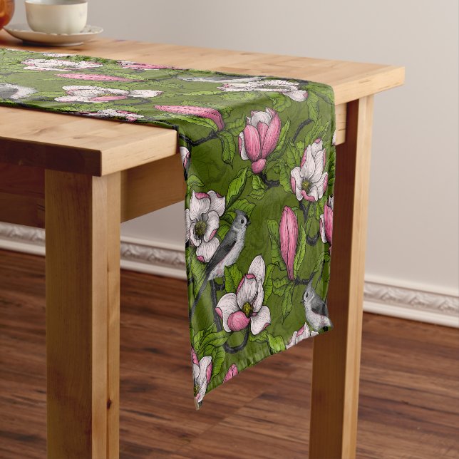 Blooming magnolia and titmouse bird 2 short table runner (In Situ)