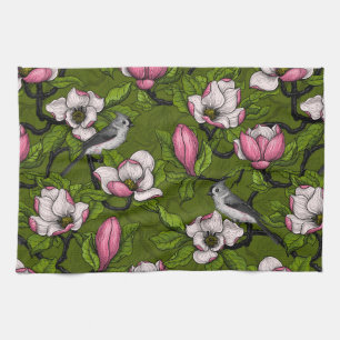 Blooming magnolia and titmouse bird 2 tea towel