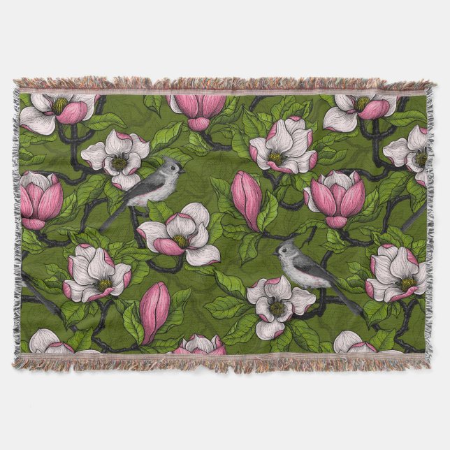 Blooming magnolia and titmouse bird 2 throw blanket (Front)