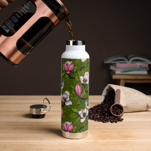 Blooming magnolia and titmouse bird 2 water bottle