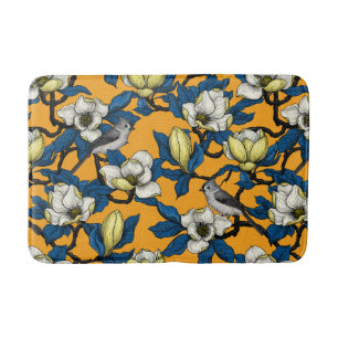 Blooming magnolia and titmouse bird 3 bath mat