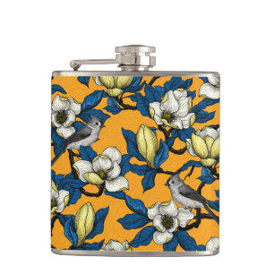 Blooming magnolia and titmouse bird 3 hip flask