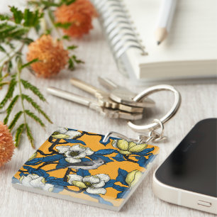 Blooming magnolia and titmouse bird 3 key ring