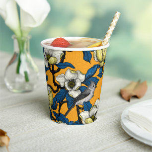Blooming magnolia and titmouse bird 3 paper cups