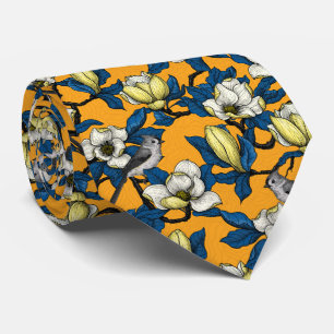 Blooming magnolia and titmouse bird 3 tie