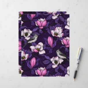 Blooming magnolia and titmouse bird 4