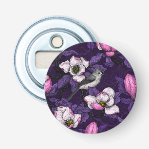 Blooming magnolia and titmouse bird 4 bottle opener